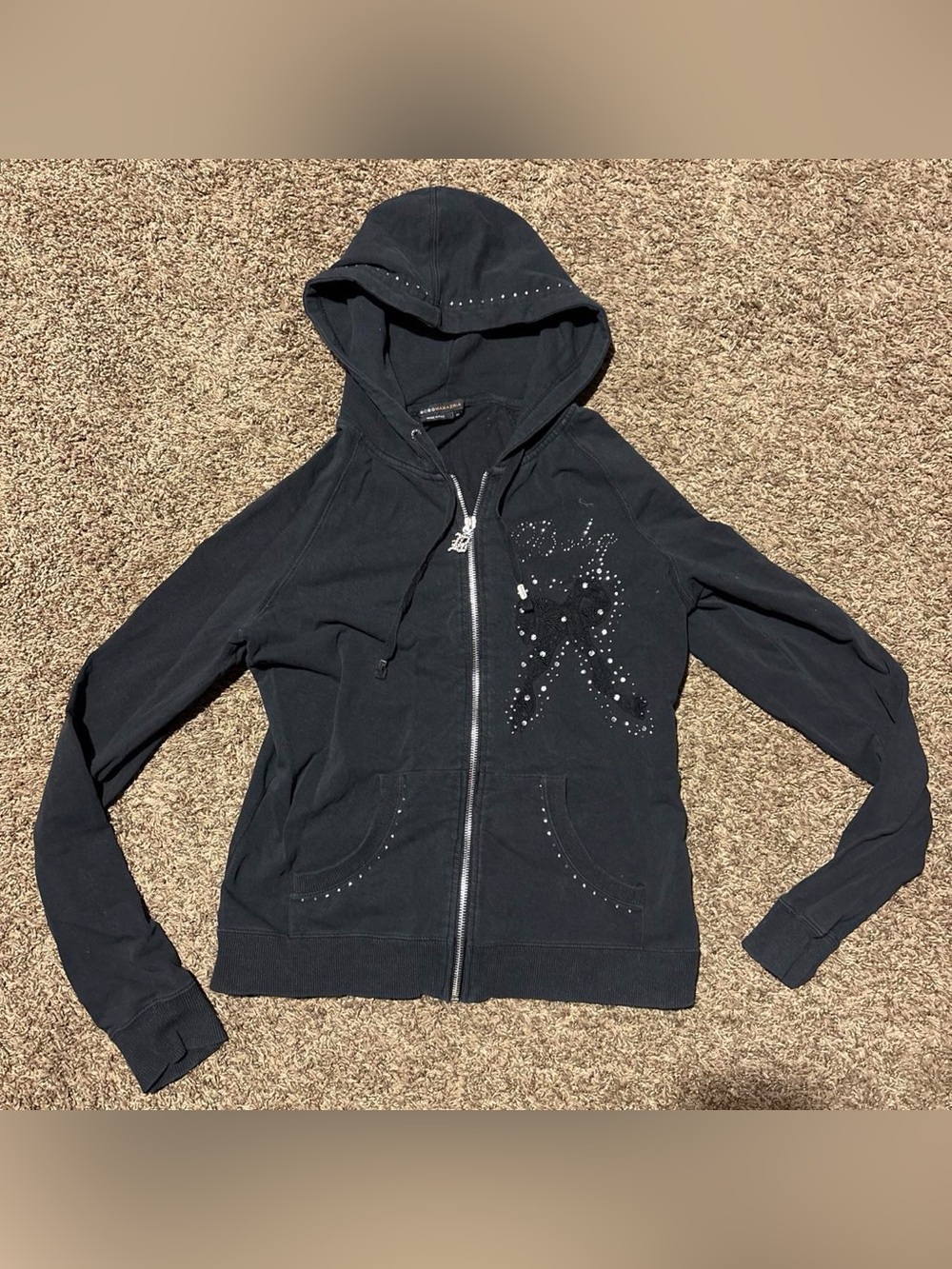 Y2K BCBGMAXAZRIA Rhinestone Baby Bow Zip Up Hoodie - M